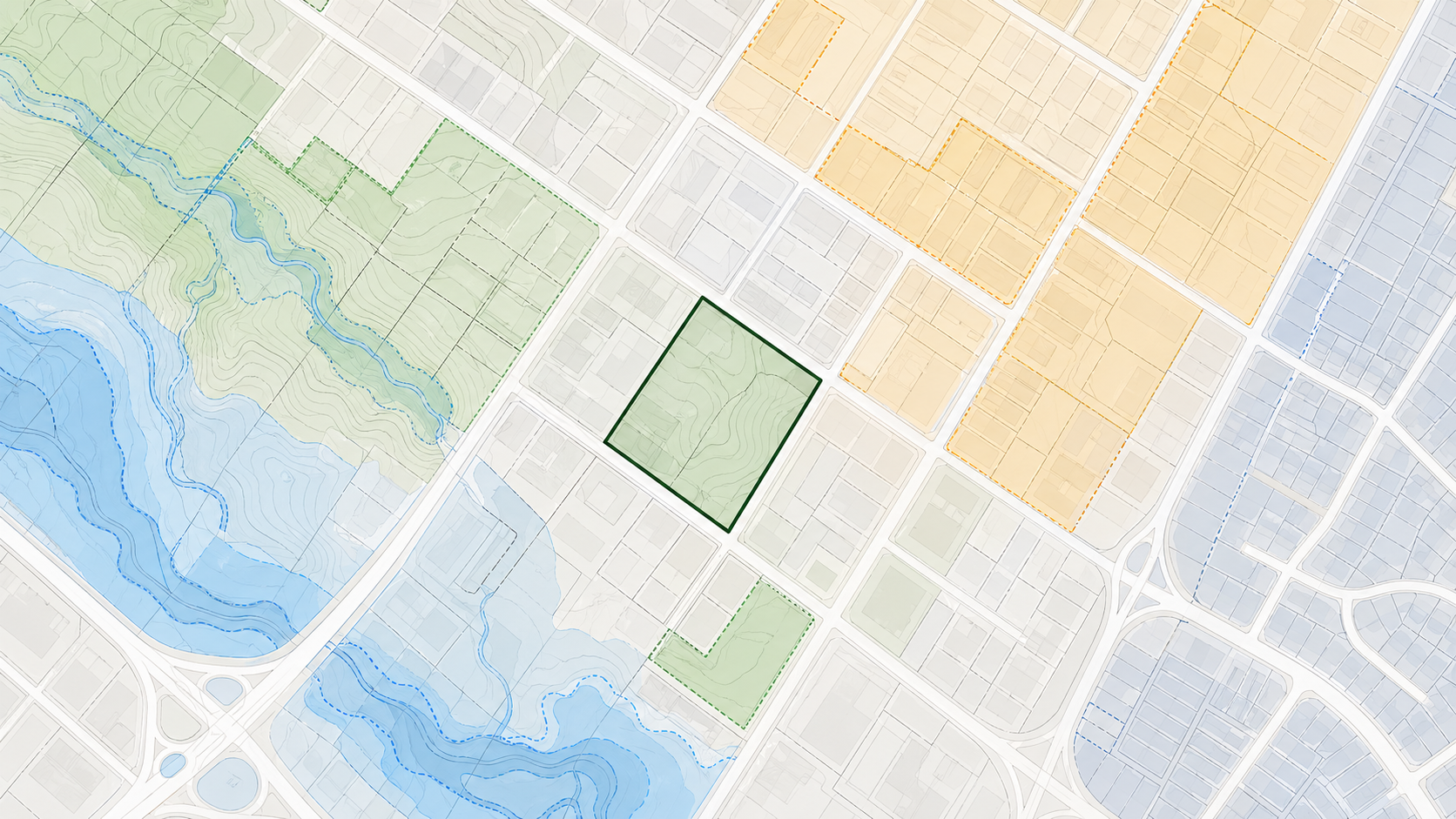 Zoning map with a highlighted development parcel